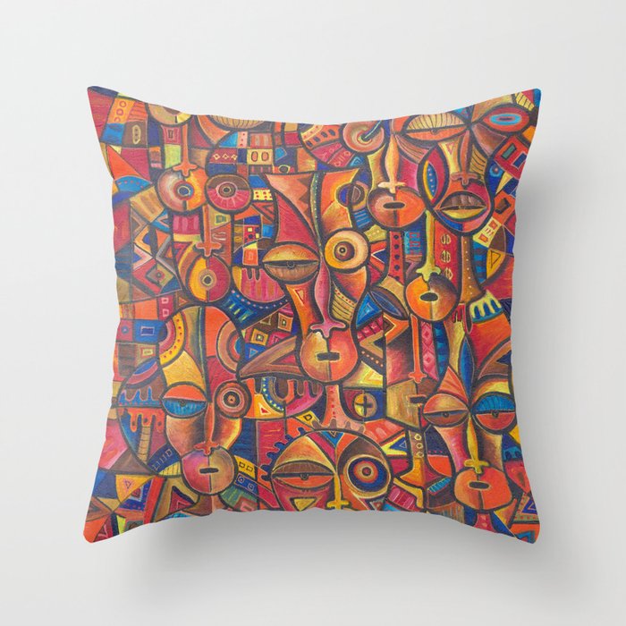 Faces VI painting from Cameroon, Africa Throw Pillow