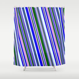 [ Thumbnail: Colorful Plum, Blue, Light Cyan, Slate Blue & Dark Green Colored Striped/Lined Pattern Shower Curtain ]