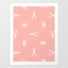 Retro Coastal Lobsters and Crabs on Pink Art Print