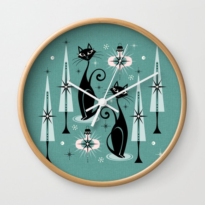 Mid Century Meow Atomic Kitty Christmas ©studioxtine Wall Clock