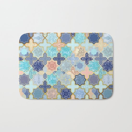Cream, Navy and Aqua Geometric Tile Pattern Bath Mat