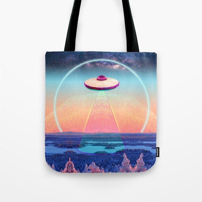 Winter Sunrise UFO | Galaxy SciFi Neon Snowy Landscape Ombre Tote Bag