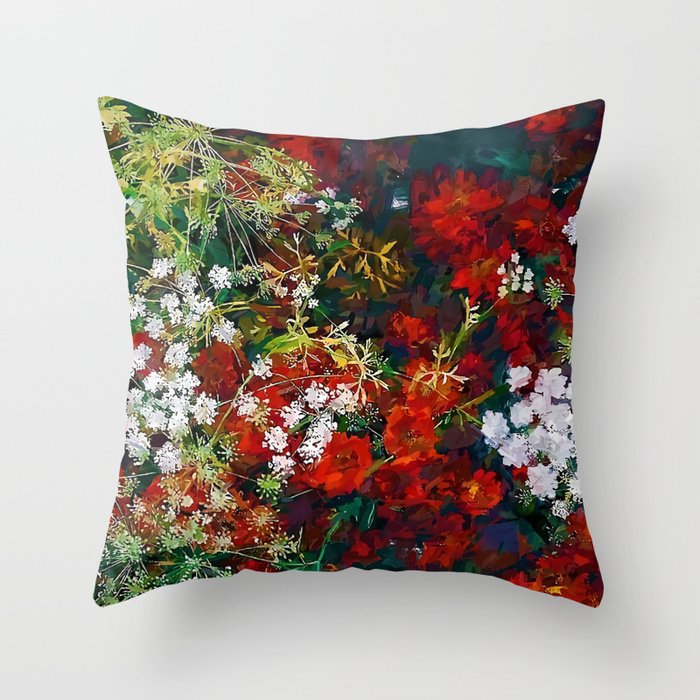 Red poppies and baby's breath bouquets still life floral blossom portrait painting for home, wall, bedroom, kitchen, and living room decor Throw Pillow