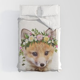Baby Fox with Flower Crown, Baby Girl, Pink Nursery, Baby Animals Art Print by Synplus Duvet Cover