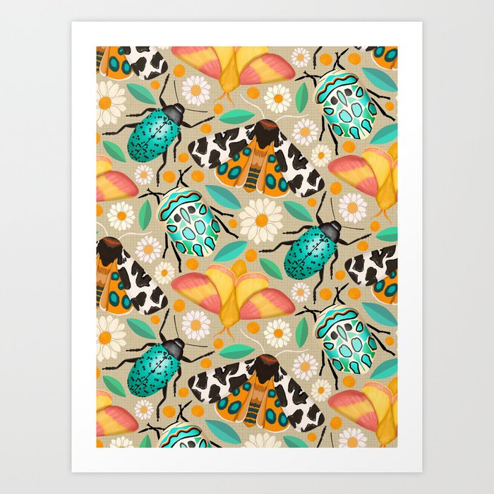 Delightful Bugs And Doodled Daisies on Beige Art Print