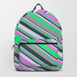 [ Thumbnail: Eyecatching Dark Gray, Dark Slate Gray, Lavender, Violet, and Green Colored Striped Pattern Backpack ]