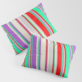 [ Thumbnail: Colorful Orchid, Green, Red, Light Gray, and Beige Colored Striped/Lined Pattern Pillow Sham ]
