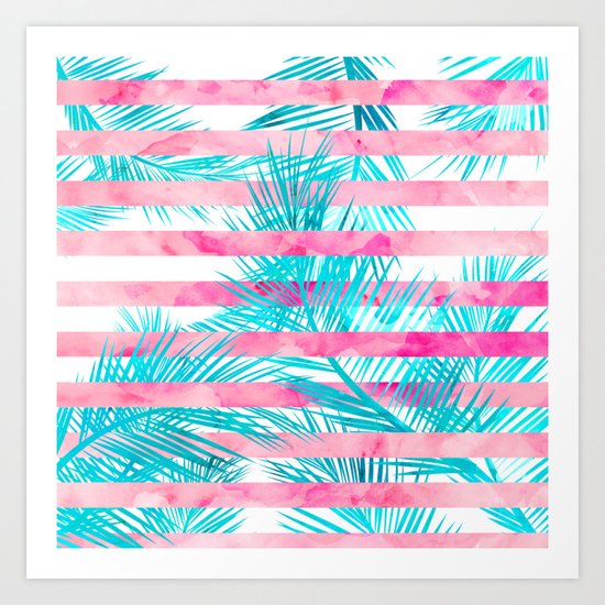 Modern pink turquoise tropical palm tree watercolor stripes pattern Art Print