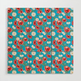 Daisy and Poppy Seamless Pattern on Turquoise Background Wood Wall Art