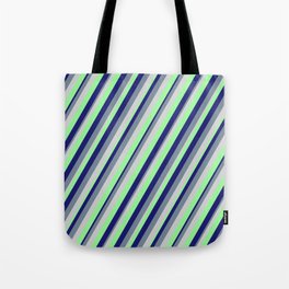 [ Thumbnail: Light Grey, Green, Midnight Blue, and Light Slate Gray Colored Stripes/Lines Pattern Tote Bag ]