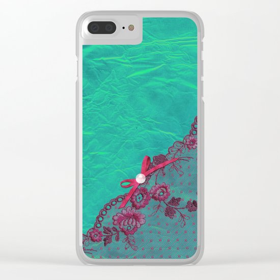 Claire´s treasure I - Pink lace,ribbon and pearl on aqua backround Clear iPhone Case