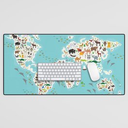 Cartoon animal world map for children and kids, Animals from all over the world Desk Mat