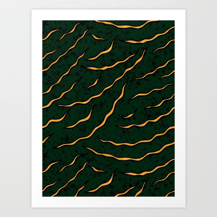 Gold yellow stripes on dark green pattern Art Print