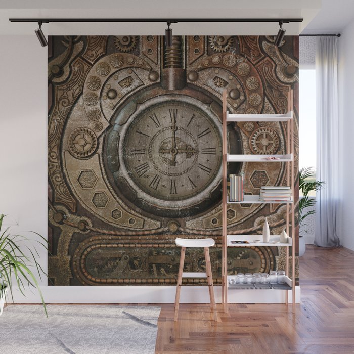 Brown Grunge Vintage Steampunk Clock Wall Mural