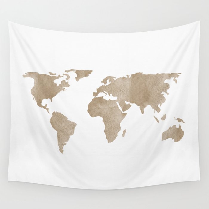 World Map - Beige Watercolor Minimal on White Wall Tapestry