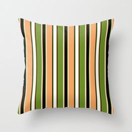 [ Thumbnail: Brown, White, Green, and Black Colored Striped/Lined Pattern Throw Pillow ]