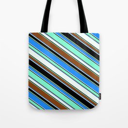 [ Thumbnail: Colorful Brown, Blue, Mint Cream, Black & Aquamarine Colored Striped Pattern Tote Bag ]