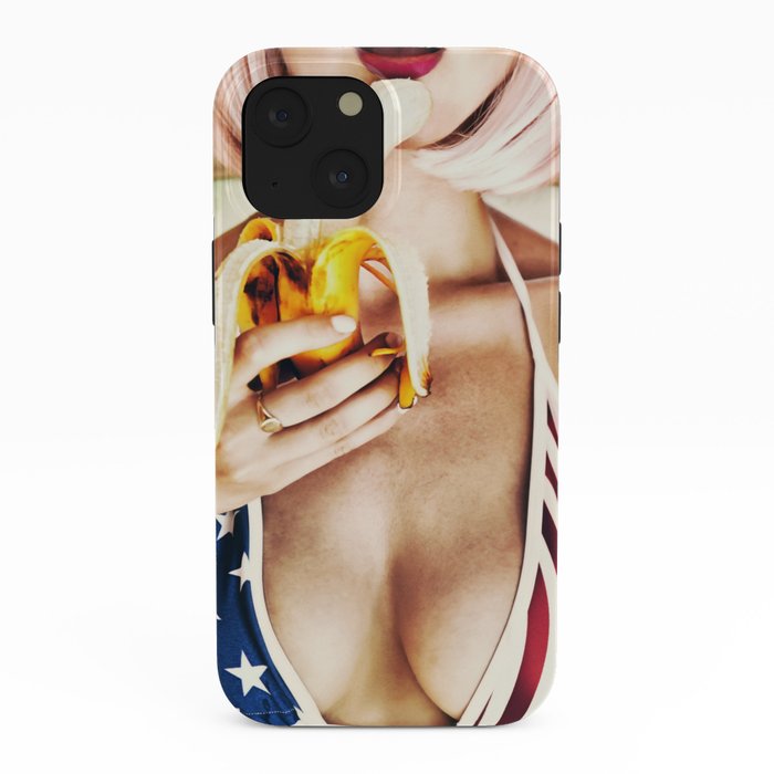 Hot sexy girl with banana us flag bra iPhone Case by qpartz