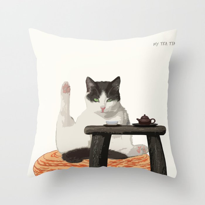 cat-my tea time Throw Pillow