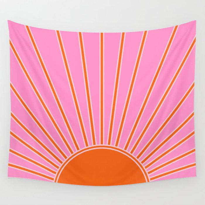 Sun Print Sunrise Pink And Orange Colors Sunshine Retro Sun Wall Art Vintage Boho Abstract Decor Wall Tapestry