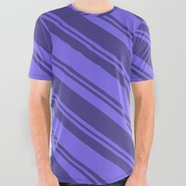 [ Thumbnail: Medium Slate Blue and Dark Slate Blue Colored Lined/Striped Pattern All Over Graphic Tee ]