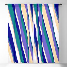 [ Thumbnail: Eyecatching Teal, Slate Blue, Tan, White, and Dark Blue Colored Stripes Pattern Blackout Curtain ]