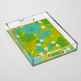 Green, Turquoise, and White Retro Flower Design Pattern Acrylic Tray