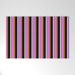 [ Thumbnail: Orchid, Chocolate, Black, Beige & Midnight Blue Colored Lined/Striped Pattern Welcome Mat ]