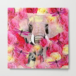 Elephant and Pink Roses Metal Print