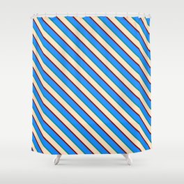 [ Thumbnail: Dark Cyan, Bisque, Maroon, and Blue Colored Lined/Striped Pattern Shower Curtain ]