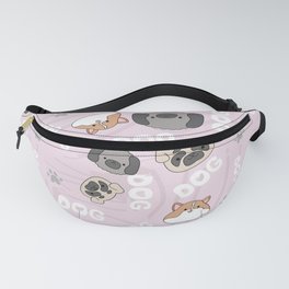 Violet pattern with cute, funny happy dogs. Paws prints, text and pets background for children. Fanny Pack