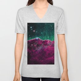 Cosmic Cliffs Carina Nebula Deep Fuchsia Teal V Neck T Shirt