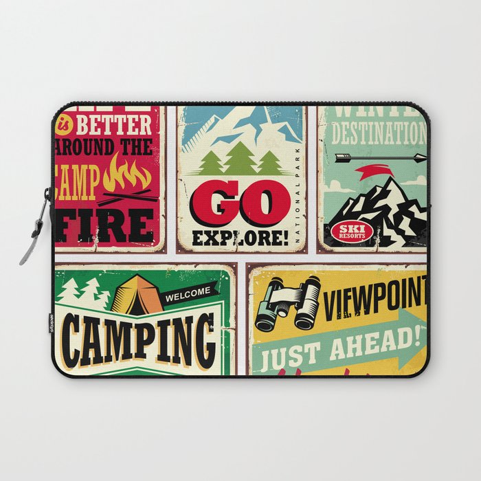 Hiking and camping retro signs collection. Outdoor activities vintage posters set. Wilderness and adventures illustration.  Laptop Sleeve