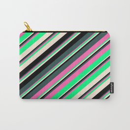 [ Thumbnail: Eyecatching Dark Slate Gray, Hot Pink, Green, Beige, and Black Colored Lines Pattern Carry-All Pouch ]