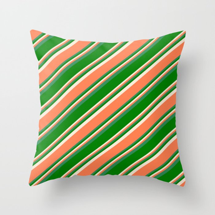 Beige, Coral, Sea Green, and Green Colored Pattern of Stripes Throw Pillow