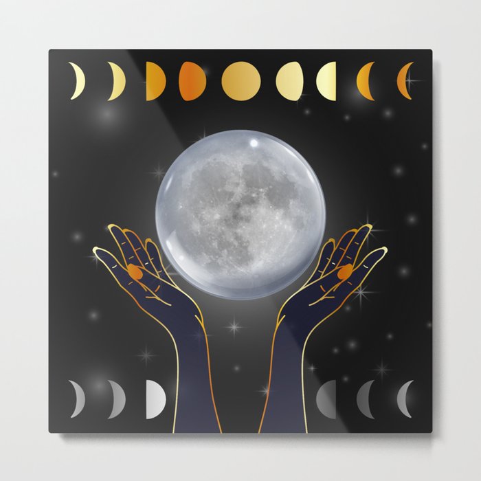 Hands holding the full moon on a starry background with moon phases Metal Print