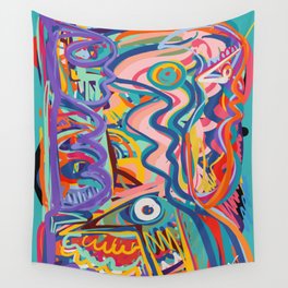 The Purple Kid with his Mother and the Bird Graffiti Art Expressionism Wall Tapestry
