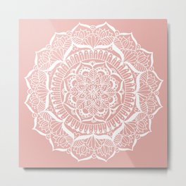 White Flower Mandala on Rose Gold Metal Print