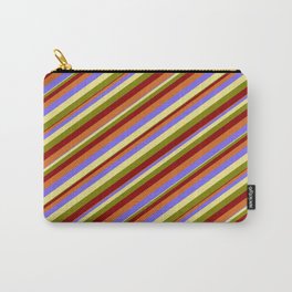 [ Thumbnail: Eyecatching Medium Slate Blue, Tan, Green, Dark Red & Chocolate Colored Striped/Lined Pattern Carry-All Pouch ]