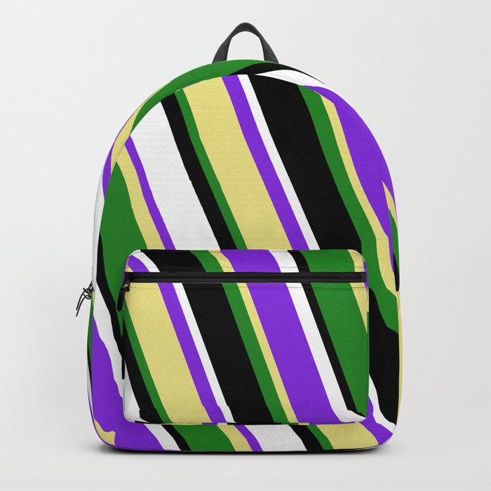 Purple, Tan, Forest Green, Black, and White Colored Lined/Striped Pattern Backpack