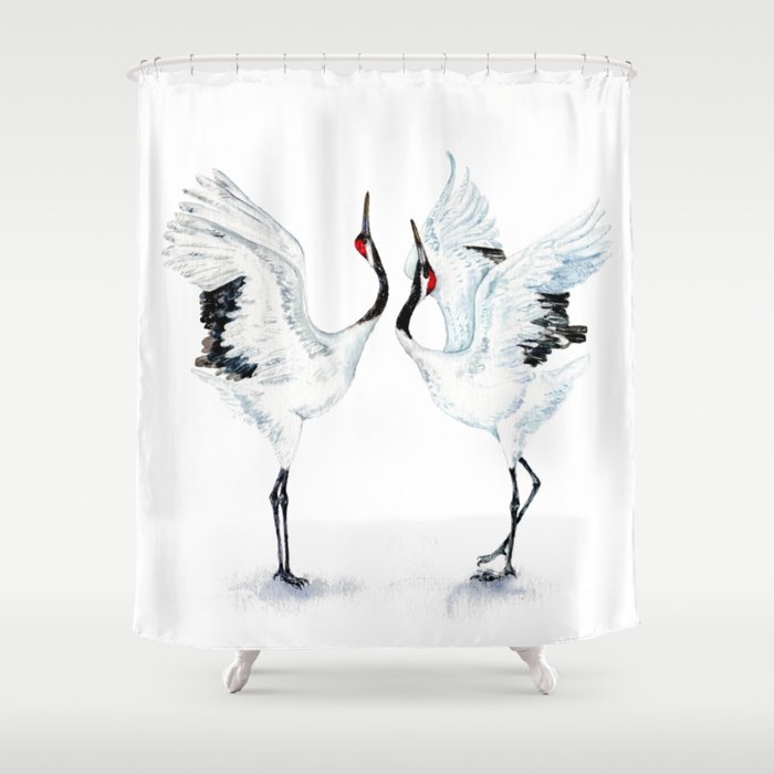 Dancing Japanese Red-crowned crane Shower Curtain