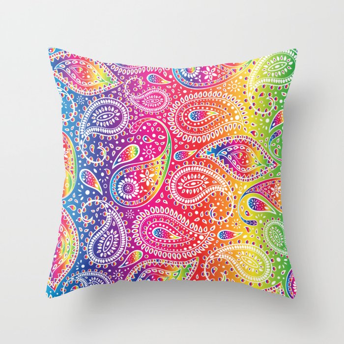 Beautiful Pattern of Paisley Art, Flowers, Doodles - Spectrum and White Throw Pillow