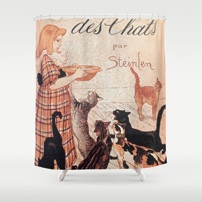 Girl feeding Cats Vintage Art Nouveau Steinlen Poster Shower Curtain