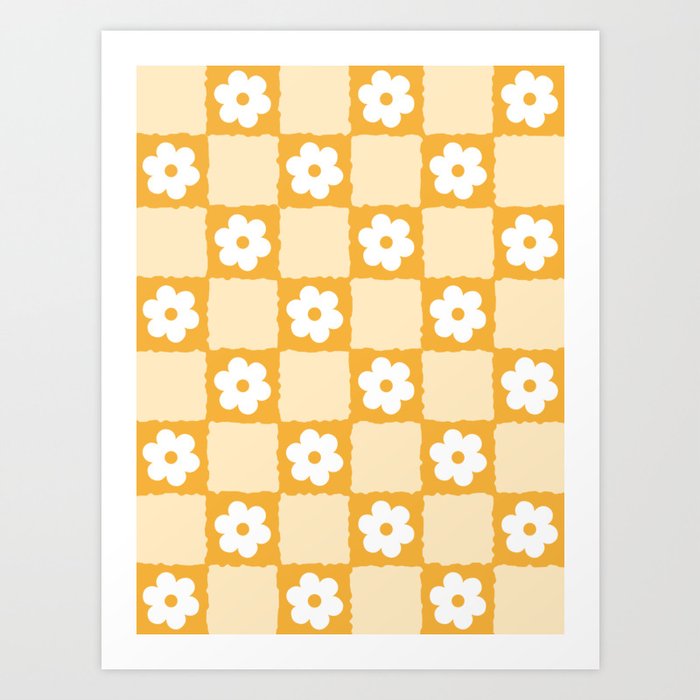 Retro Daisy Flower Checker in Yellow Art Print