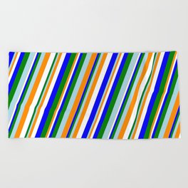 [ Thumbnail: Eye-catching Light Blue, Dark Orange, White, Blue & Green Colored Lined/Striped Pattern Beach Towel ]