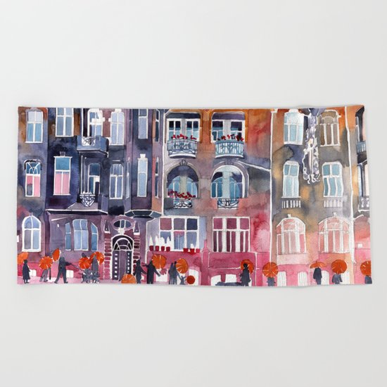 Apartment House in Poznan and orange umbrellas Beach Towel