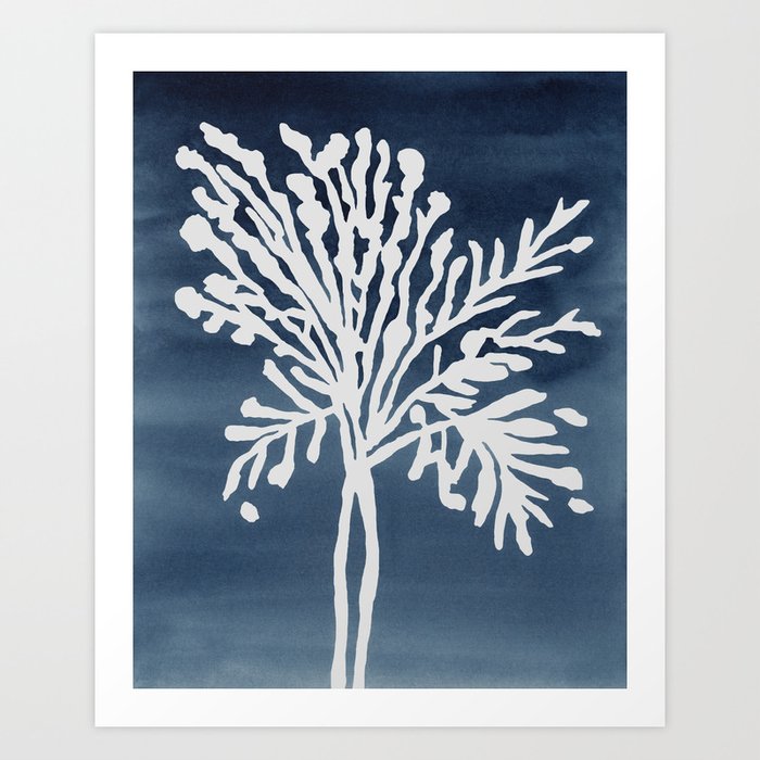 Silhouette Stems II - Navy Blue Botanical, White Flower Stem, Indigo Watercolor, Nature Painting Art Print Wall Décor Art Print