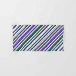 [ Thumbnail: Grey, Purple, Green & Lavender Colored Lines/Stripes Pattern Hand & Bath Towel ]
