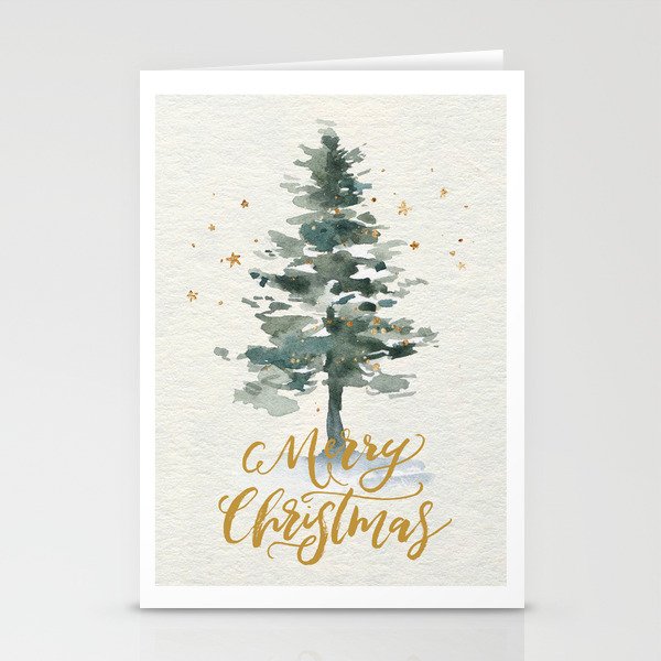 Merry Christmas Watercolor Fir Tree Modern Hand-Lettered Greetings Brush Script Stationery Cards