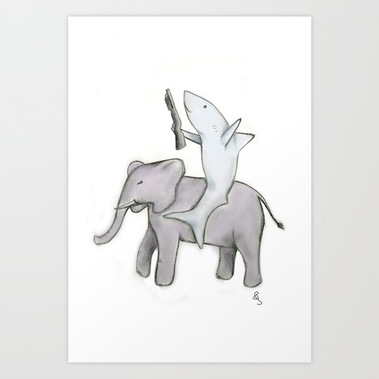 Shark with a Shotgun and the Elephant Art Print